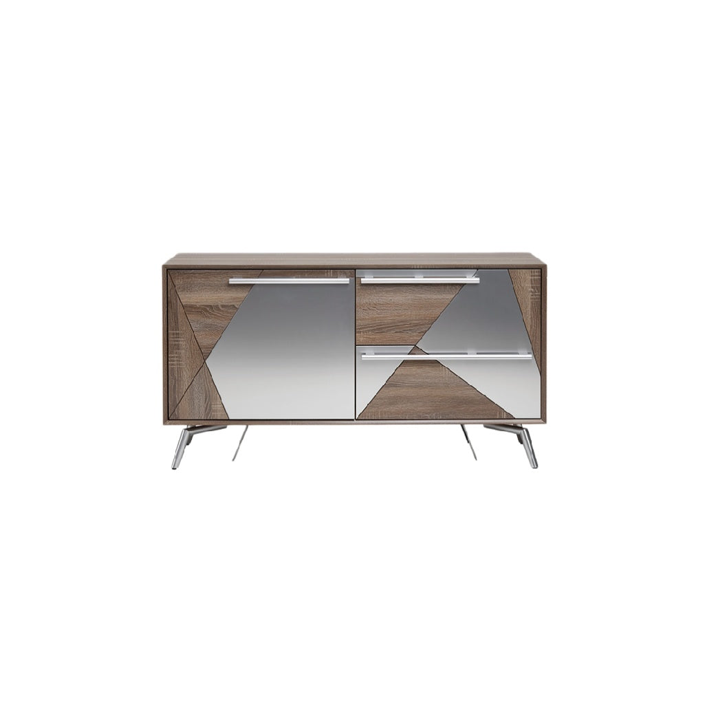 Modern Geometric Sideboard with Mirrored Accents and Wooden Base